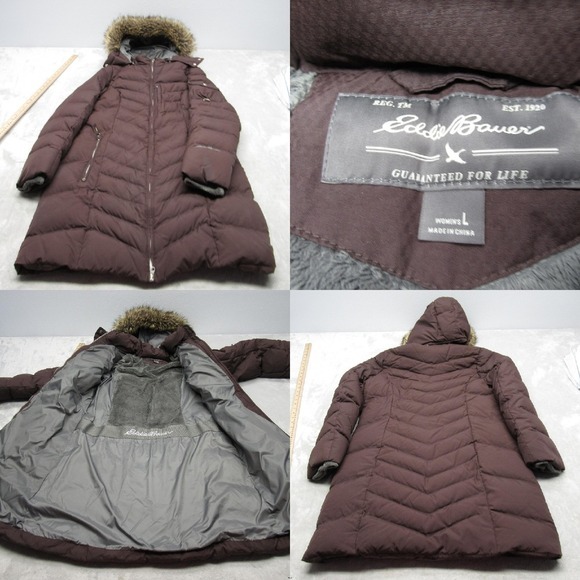 Eddie Bauer Down Jacket Womens Large Brown Faux‎ Fur Hood Trim Full Zip Puffer - Picture 1 of 15